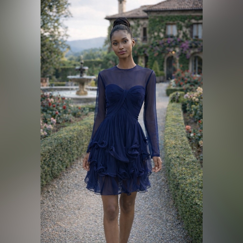 Scaasi Saks Vintage Silk Cocktail dress w/Chiffon wave skirt, dark blue, size 6